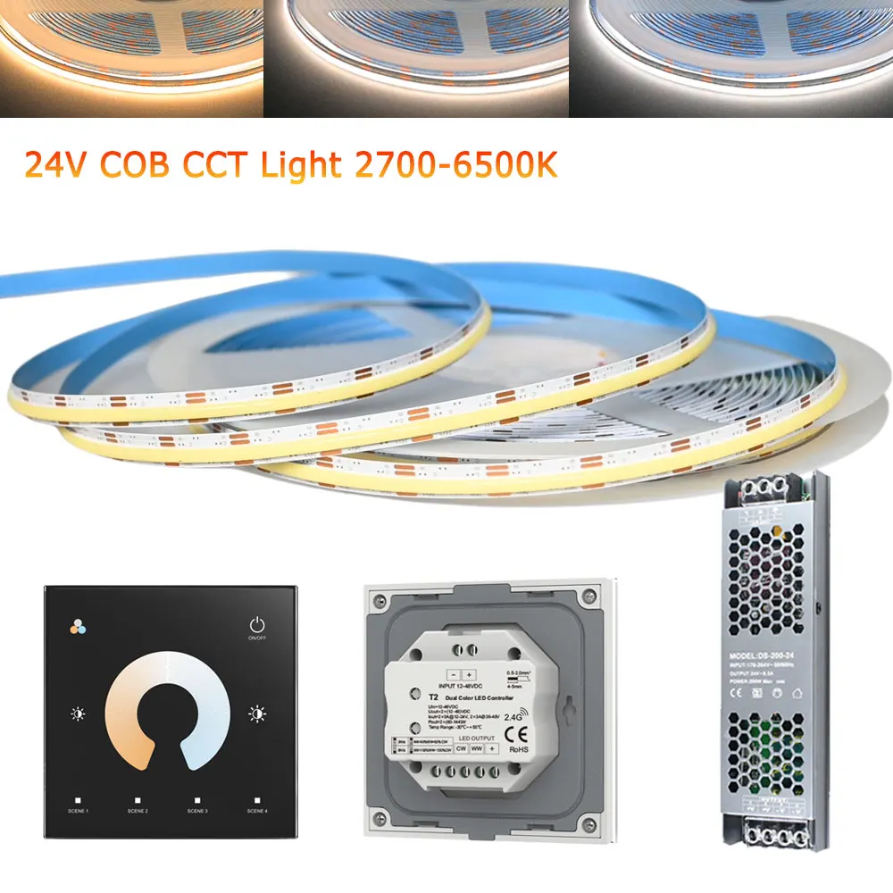 

Светодиодная лента COB CCT 5М 10М 20М 24В с настенным сенсорным контроллером, двойной белый свет, гибкая, для декоративного освещения помещений, 2700-6500К, линейная лента-светильник