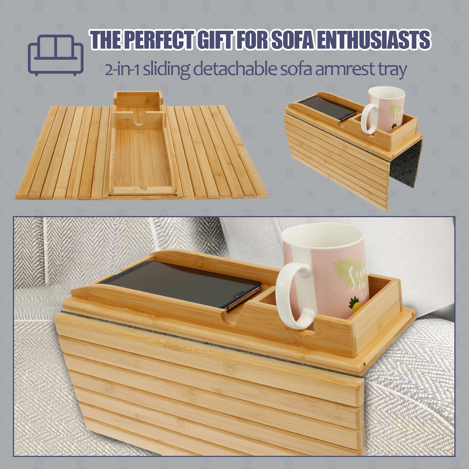 Couch Cup Holder Tray 2 in 1 Bamboo Wood Sofa Armrest Tray Detachable Couch Arm Tray with Cup Holder Folding Anti Slip Sofa Arm