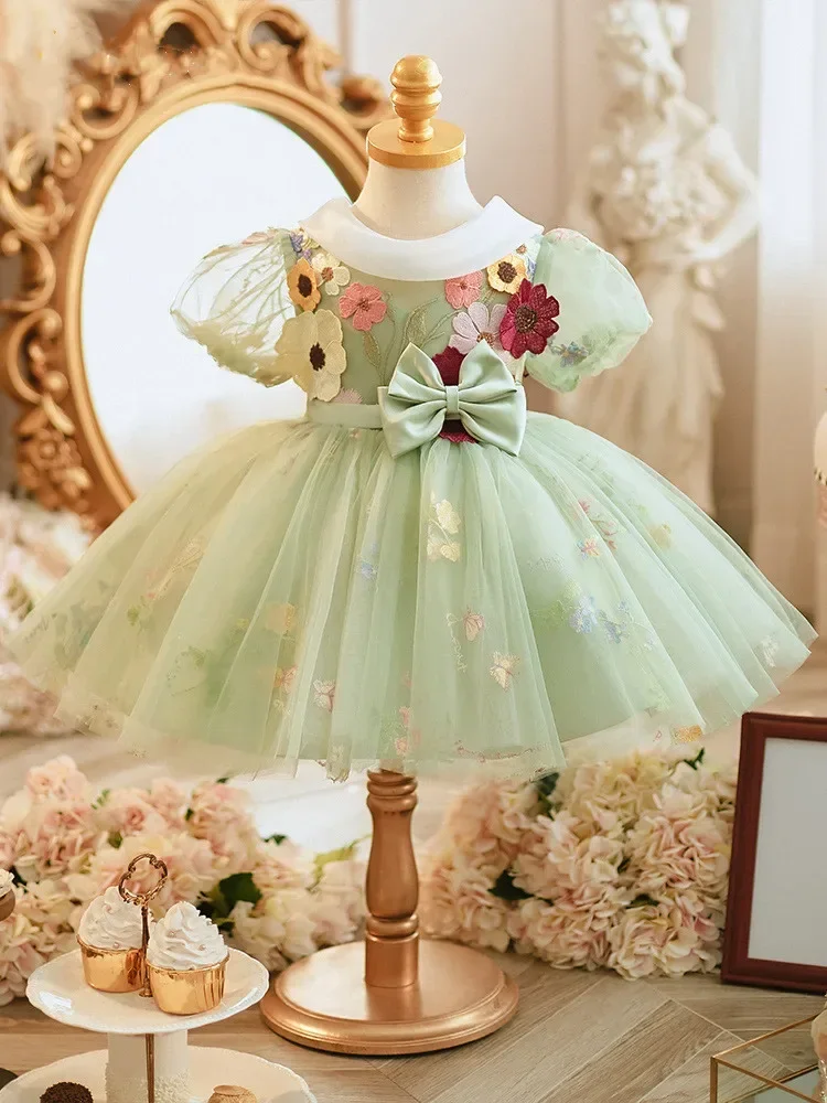 

2025 Party Dress for Girl Infants Clothes Luxurious Princess Fairy Green Dresses Kids Flower Banquet Ball Gown Children Vestidos