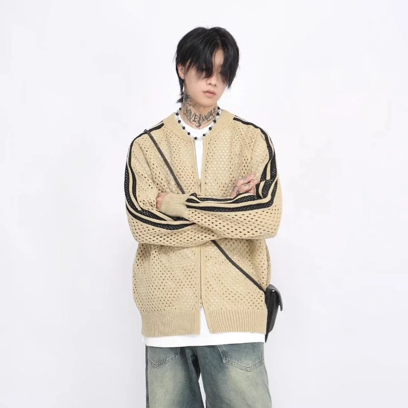

American Contrast Hollow Mesh Striped Cardigan for Unisex Spring and Autumn Lazy Style Couple Wear Zipper Knitted Jacket Tops