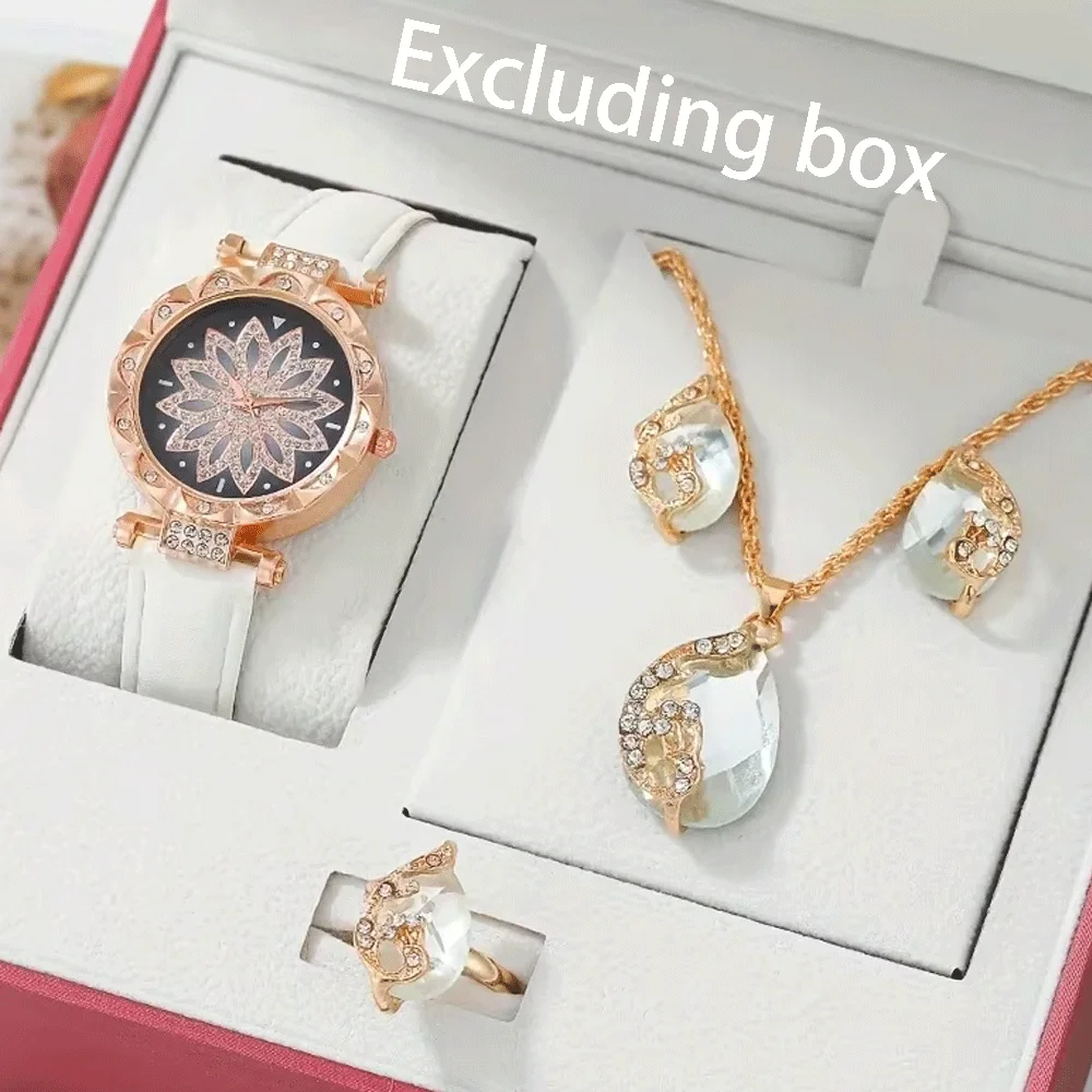 5 قطعة/المجموعة الساعات طقم مجوهرات 1 قطعة من ساعة كوارتز يدوية مستديرة و 4 قطعة من المجوهرات يتوهم النساء الساعات والمجوهرات المتطورة #4