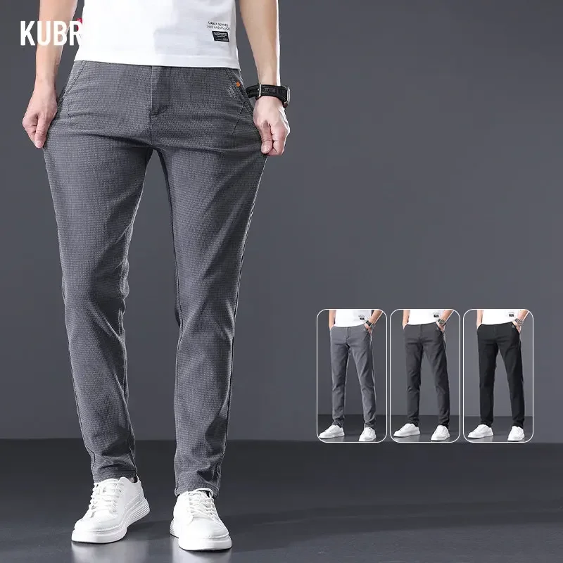 

KUBRO 2023 Spring Summer Men's Stretch Plaid Casual Pants Chic Length Business Fashion High Quality Male Office Full Trousers