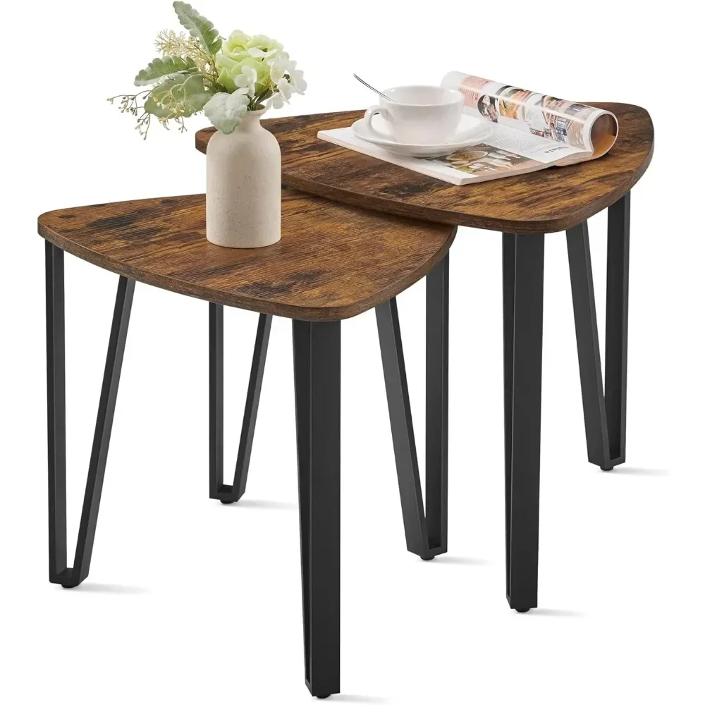 

2 end tables in the living room and bedroom, industrial small stacked side tables with metal frames, brown and black