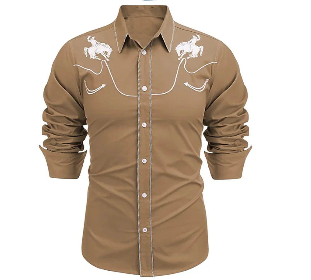 2023 Tribal Ethnic Style Horse Outdoor Party Sports Casual Button Lapel Long Sleeve Shirt Fashion Men Tops