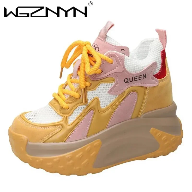 Fashion Med Heel Sneakers for Women 2025 New Hot Sale Autumn Rubber Ladies Shoes Lace-up Air Mesh Womens Vulcanize Shoes Zapatos