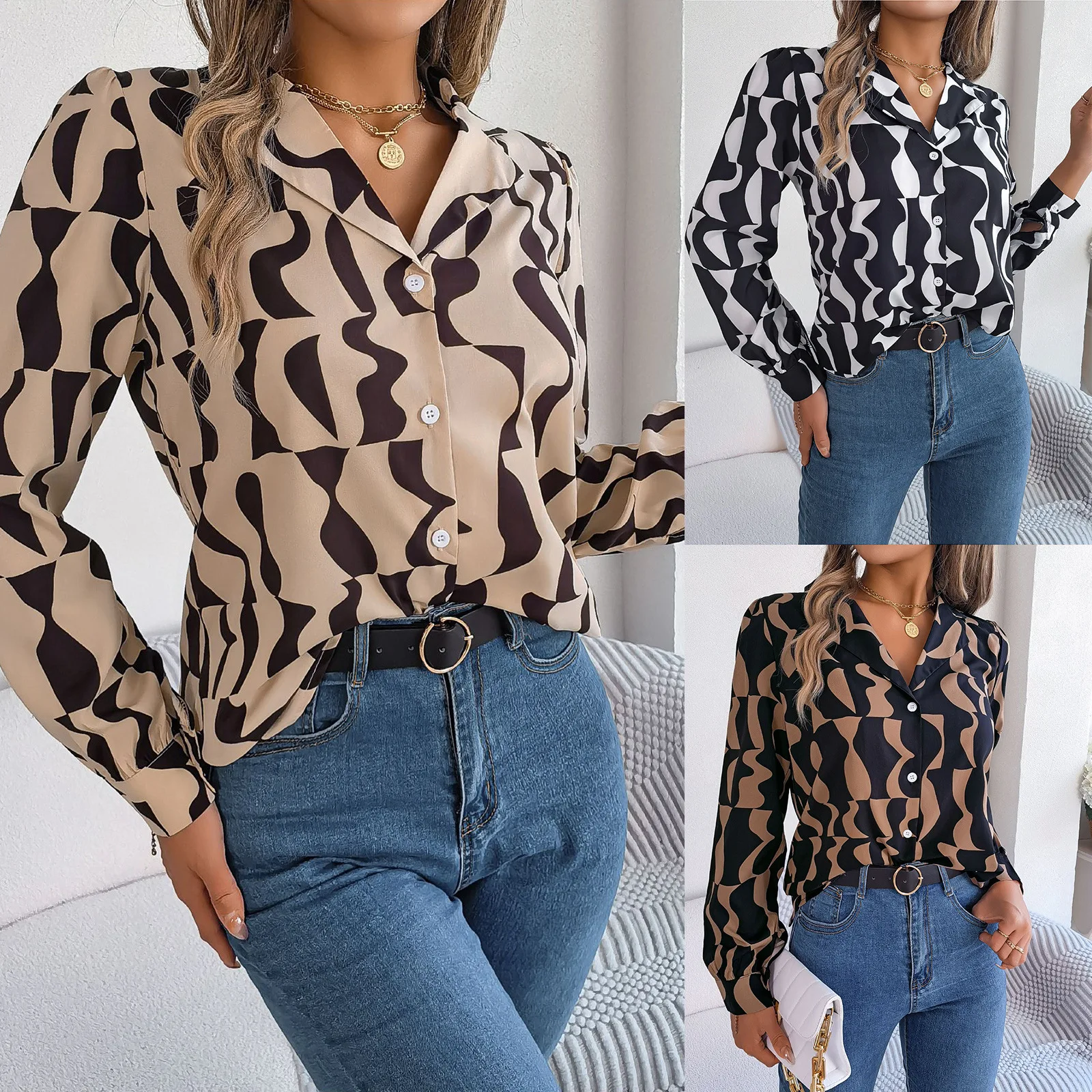 Autumn and Winter Office Lady Shirts Contrast Stripe Notched Collar Long Sleeve Tops Women Single Breasted Elegant Shirt