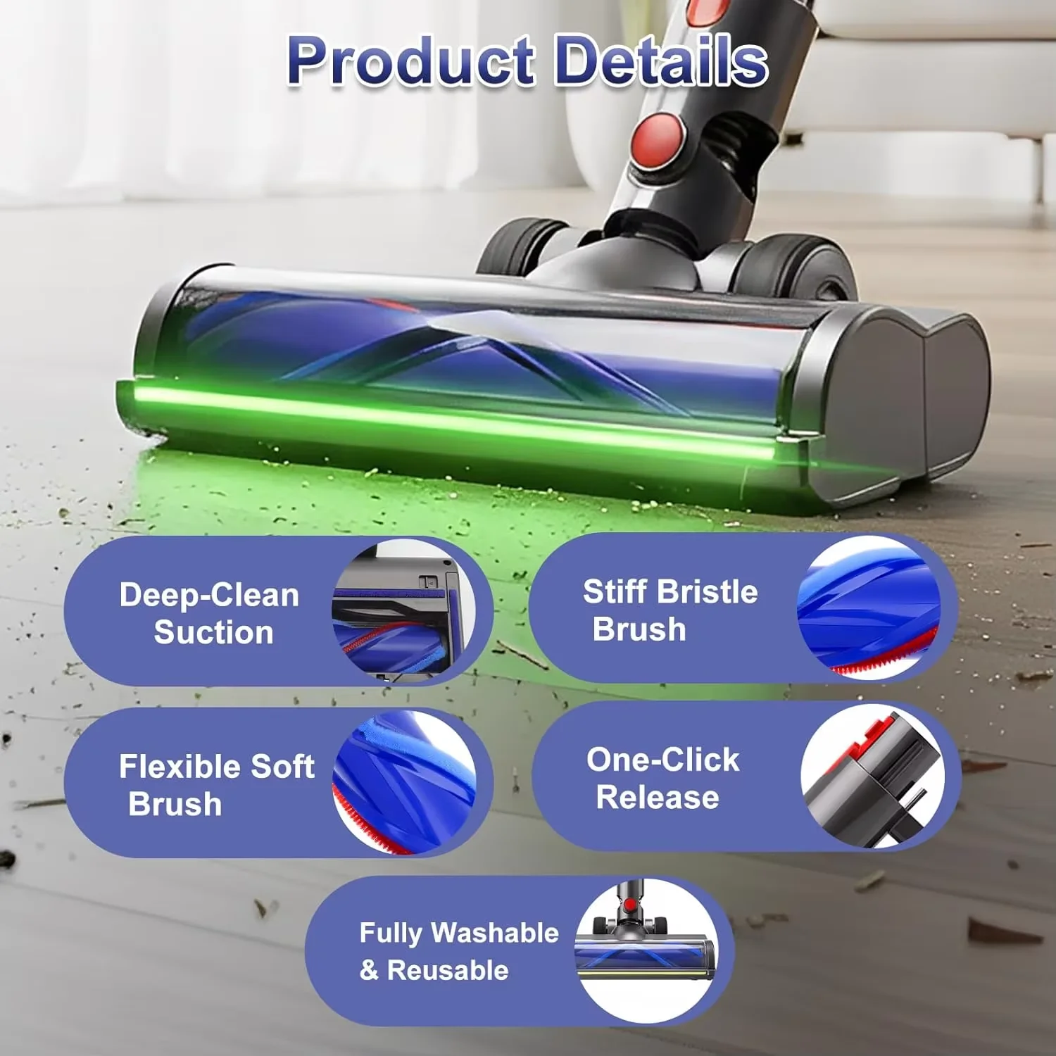 with an independent green LED Brush Head For Dyson V7 V8 V10 V11 V15 Vacuum Cleaner Brush Replacement Floor Brush for Hard Floor view 2
