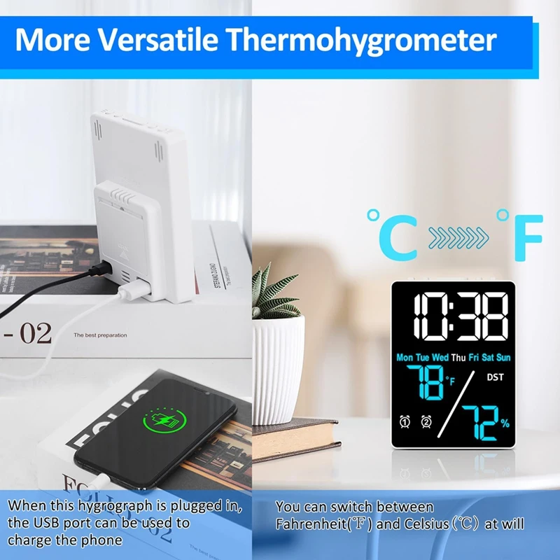 Digital Room Thermometer Hygrometer Alarm Clock For Desk, Indoor Humidity And Temperature Measurement With LED Display