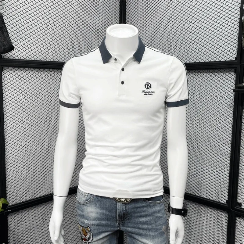 

Контрастный цвет Человек 100. ℅ Хлопковые рубашки поло с вышивкой, белая футболка с воротником для мужчин, эстетичная футболка для вечеринок и музыки, свободная