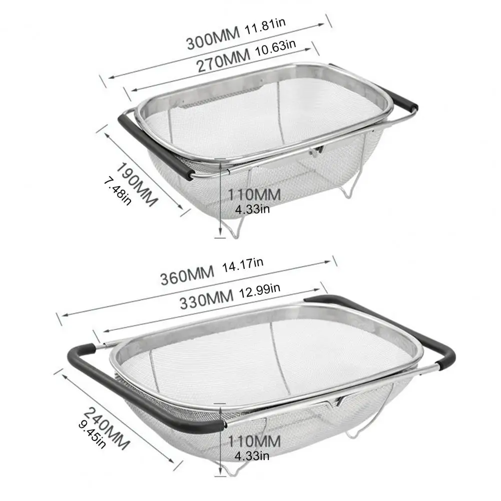 Pasta Strainer Over The Sink Colander Stainless Steel Fine Mesh Strainer with Expandable Rubber Grip Handle Oval Colander for Ki