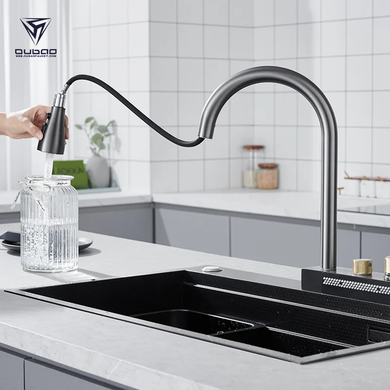 Modern Design Fashion Gun Grey Kitchen sink faucet One Hole Luxury Hot Cold Water With Pull Out Nozzle Spray Function,Black