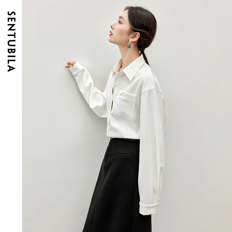 SENTUBILA Office Lady Solid Shirt for Women 2024 Spring Autumn Texture Turn Down Collar Long Sleeve Simple Women Top 143C56817