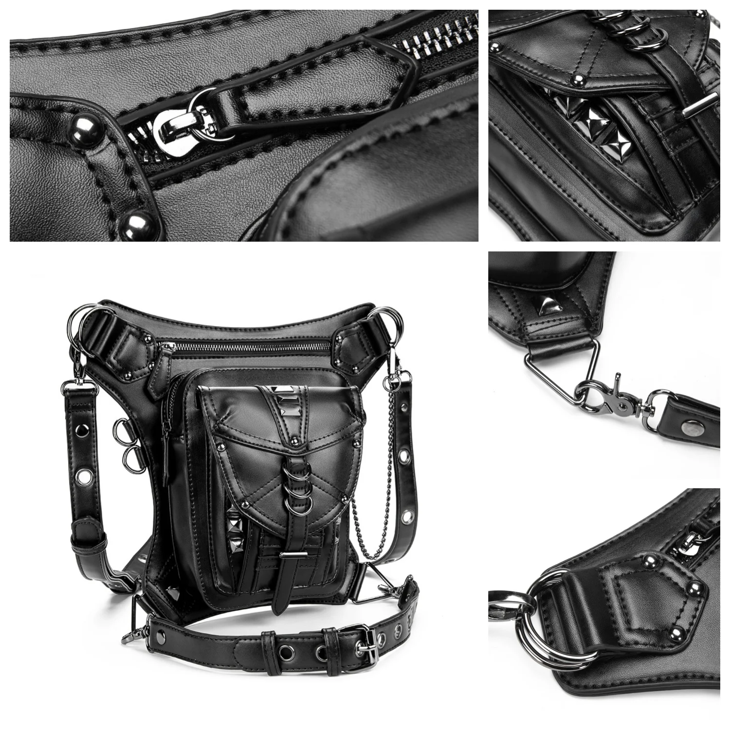 PU Leather Waist Drop Leg Bag Punk Big Bike Cycling Hiking Fanny Pack Waterproof Unisex Hip Thigh Pouch Rivet Shoulder Bag Purse