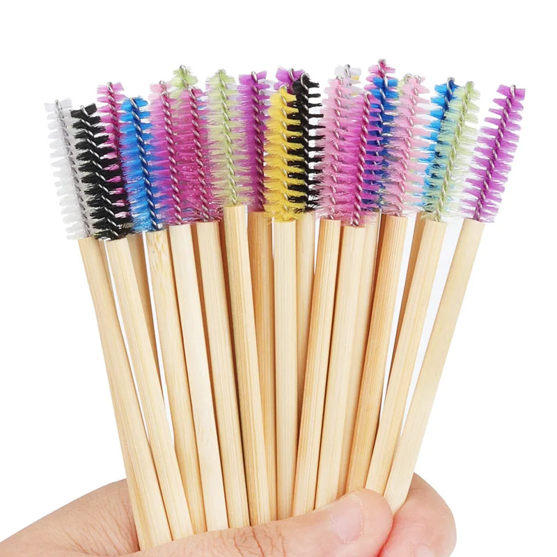 50 pçs descartável alça de bambu cílios sobrancelha maquiagem escova pincéis ferramentas 7 cores extensão dos cílios rímel ferramenta de maquiagem