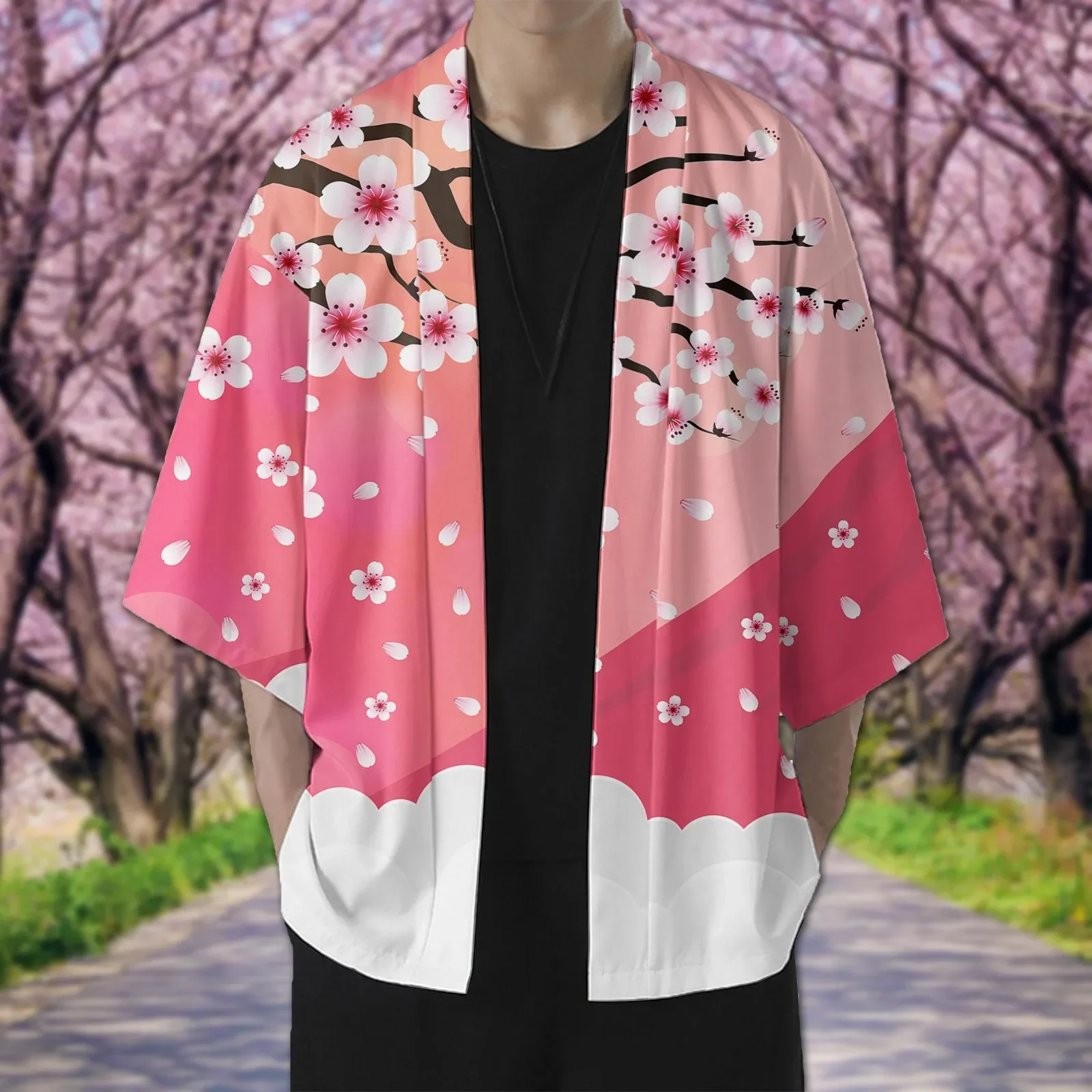 Male Spring And Summer kinomo Cherry Flower Cool Semi Long Sleeve Cardigan All Solid Color Casual Plus Size Men's Casual  Shirt