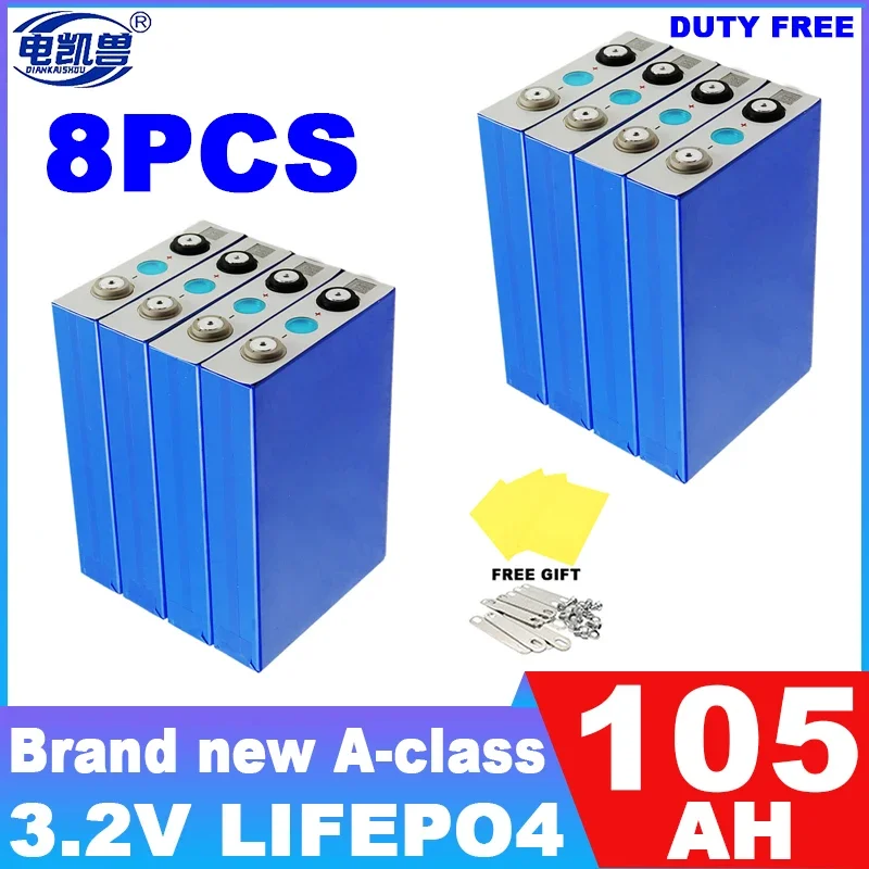 8PCS LiFePO4 3.2V 105Ah Battery Cell Grade A 8000+ Cycle Free Busbar 280Ah 202Ah 320Ah For DIY 12V 24V 48V Lithium Battery Pack