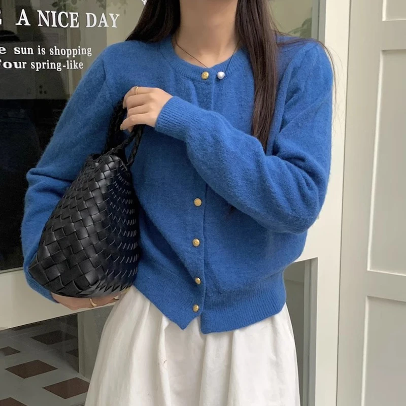 

Dongda Gate Autumn Retro Metal Small Button Soft Versatile Long Sve Knitted Sweater Jaet Women's Sle Commute Korean Lo...