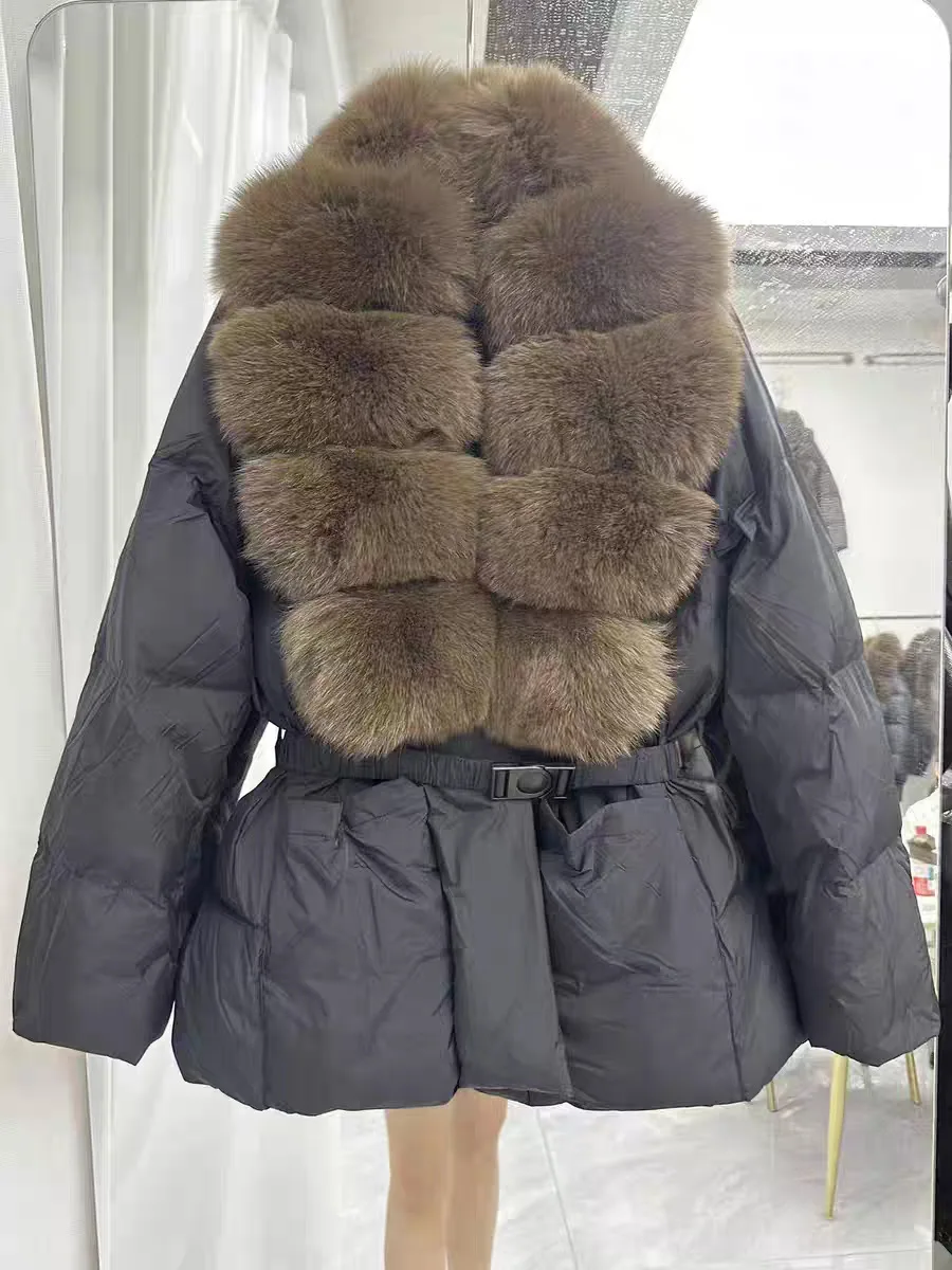 

Winter Natural Large Fur Collar High End Down Jacket Female Solid Thicken Warm Jackets Women White Duck Down with Belt Outwears