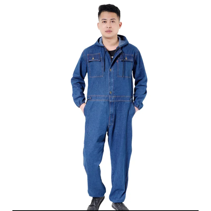 Worker Clothing Workwear Overall Denim Jumpsuit Male/female Factory Uniforms Work Clothes Long-sleeved Thick Hooded Welding Suit