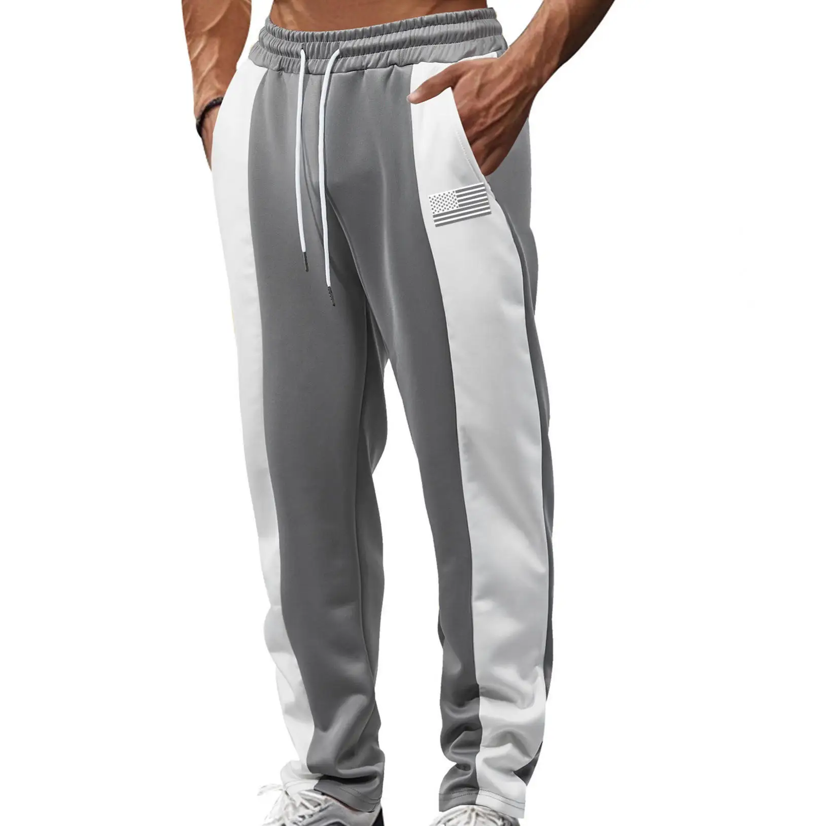 

Men's Casual Sports Loose Fit Running Pants Color Blo Contrast Waist Cord Knitted Long Trousers Qui Dry Straight Leg