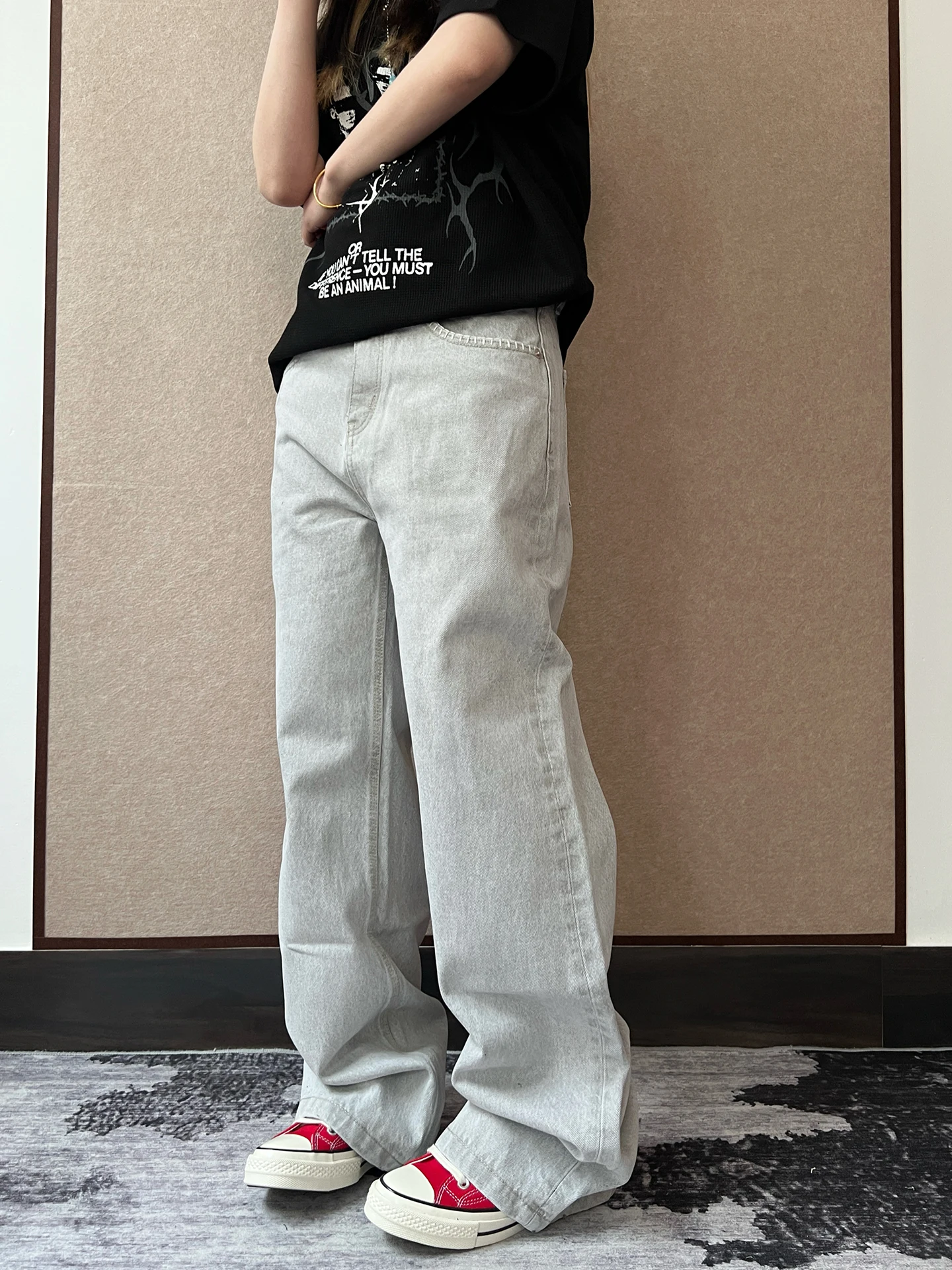 

Hand-Sewn Heavy-Duty Jeans Casual Loose Straight-Cut Cotton Denim Pants Multi-Functional Slimming Grey-White Washed Jeans