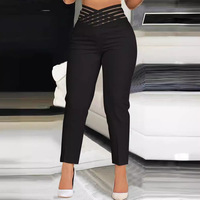 Women's woven belt hollow belt temperament commuter high-waisted casual solid color pencil nine-point pants
