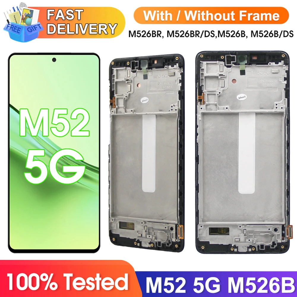 Super AMOLED M52 5G Screen Replacement, for Samsung Galaxy M52 5G M526B M526B/DS Lcd Display Digital Touch Screen with Frame