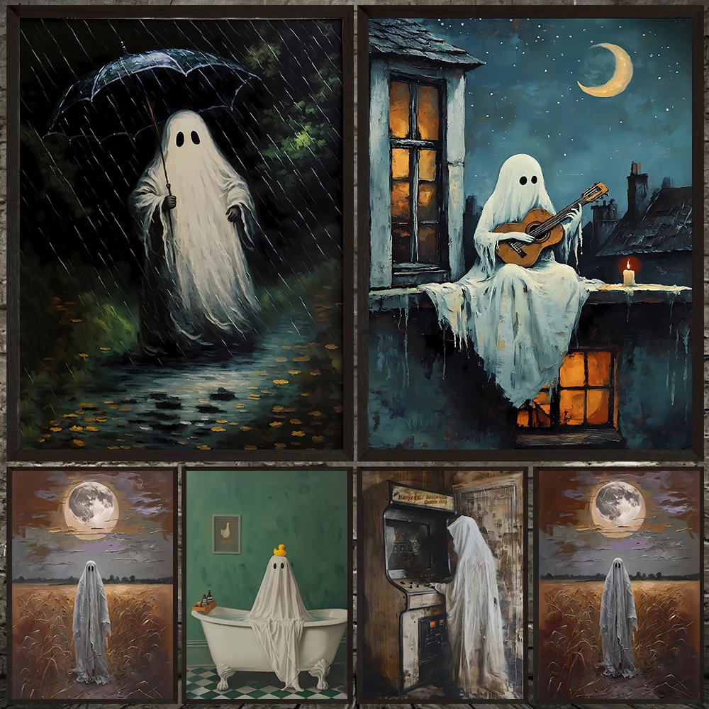 Botanical Ghost,Christmas Ghost,Abstract Wall Art Canvas Painting,Whimsigoth Spooky Ghost Art Poster Print Home Decor Unframed