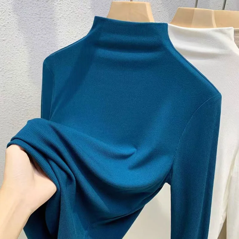 

Весенне-осенняя новая рубашка из модала с полувысоким воротником для женского интерьера, однотонная темпераментная футболка с длинными рукавами, топ