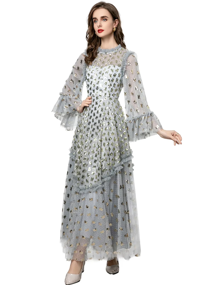 DLDENGHAN 女性の O ネックフレアスリーブスパンコール刺繍ヴィンテージボールガウンドレスファッション夏新