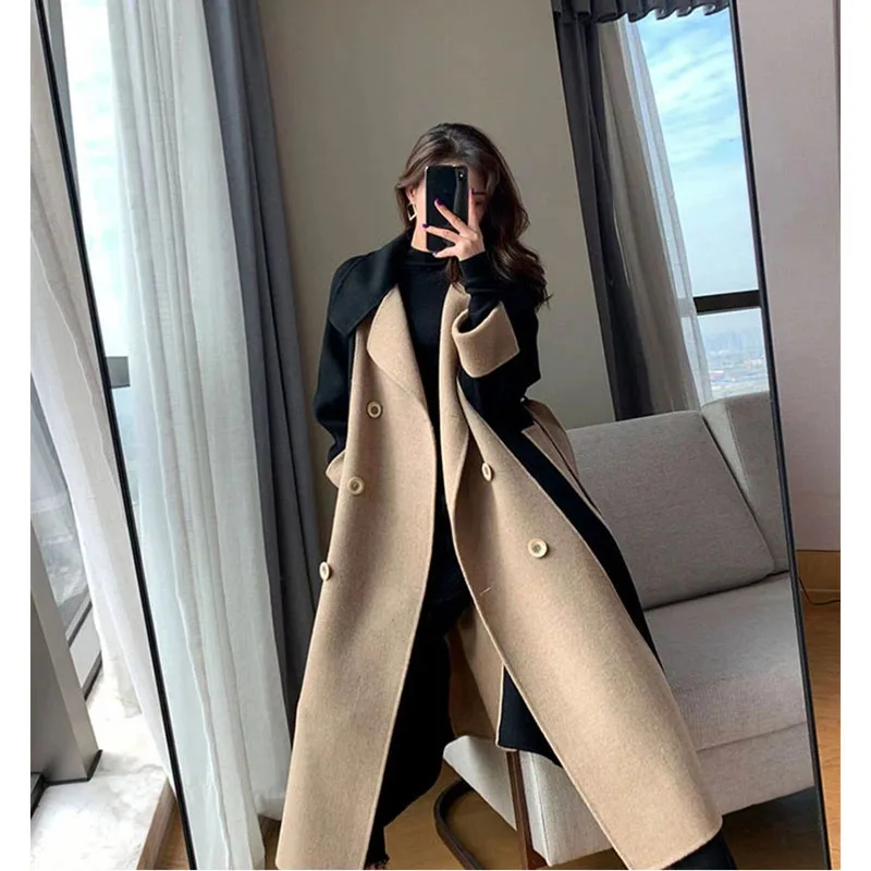

Высококачественное двустороннее контрастное шерстяное пальто для женщин, осень-зима, новое длинное темпераментное теплое шерстяное пальто с лацканами, женское пальто