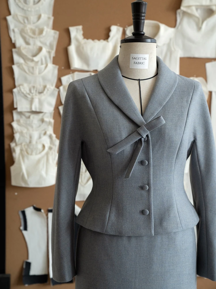 

Новый модный женский костюм 2025 года: Элегантный шерстяной комплект из пальто и юбки для офиса, весна-осень, высокое качество