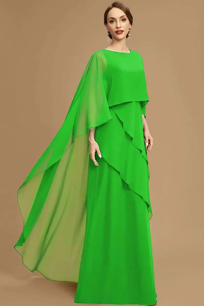 Elegant Women Party Dress Chiffon Batwing Cape Sleeve Tiered Asymmetric Trim O-Neck Gowns Cocktail Wedding Guest Long Dress