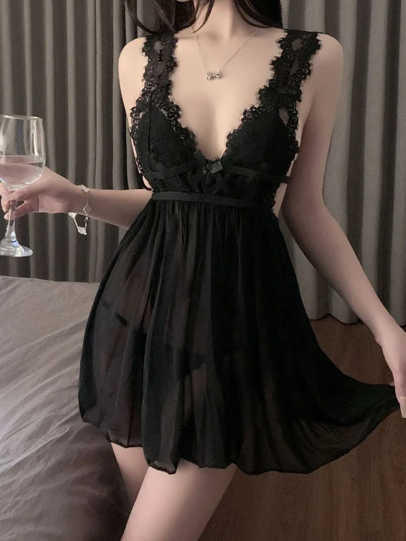 فستان نسائي مثير شفاف بحزام من الدانتيل فستان نوم بشق شبكي شفاف رغبة نقية نمط ساحر فستان بدون أكمام ملهى ليلي I2GF
