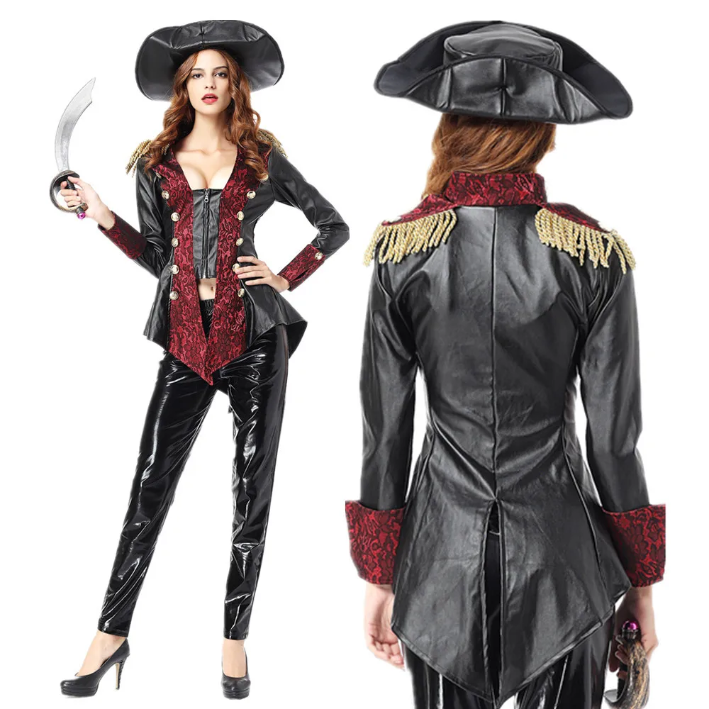 

High Quality Sexy Leather Women Halloween Pirate Costume Carnival Cosplay Pirate Captain Costume Stage Performance Costumes