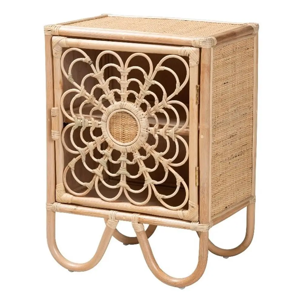 Modern Bohemian Rattan Nightstand with Drawer Storage, Bedroom Bedside Table Natural Brown Finish, Customized