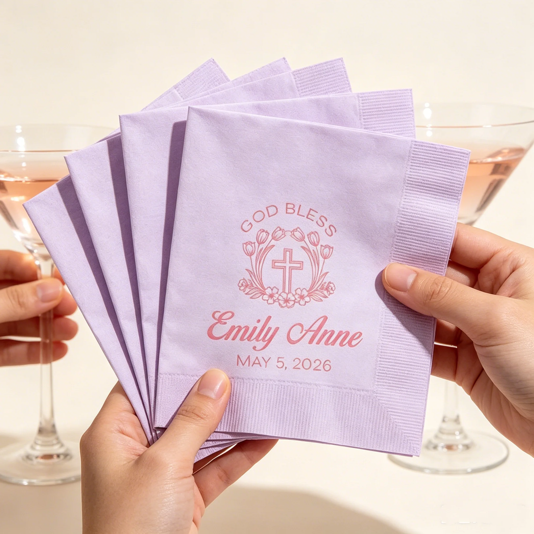 

50pcs Custom Baptism Napkins, God Bless Printed Disposable Cocktail Napkins with Personalized Name & Date, Multi-Colors Availabl