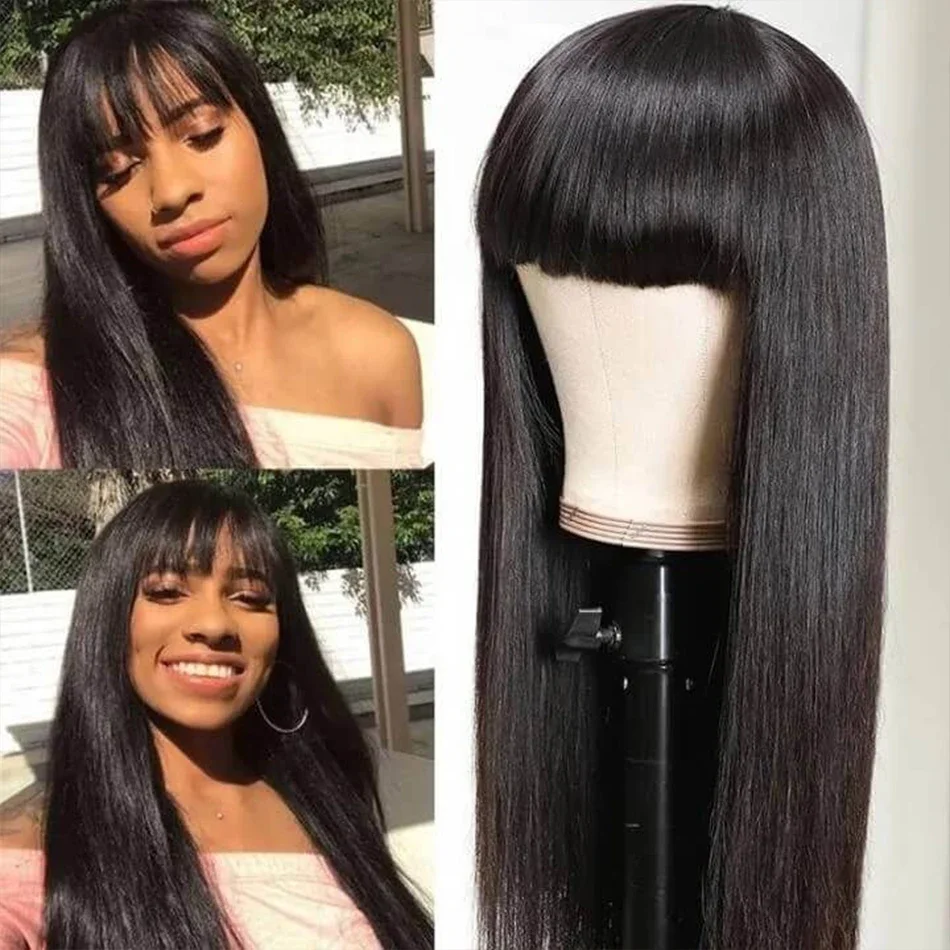 

Bone Straight 250% Density Human Hair Wigs With Bangs Full Machine Made Wig Cheap Brazilian Hair Wigs 18-32 Inch