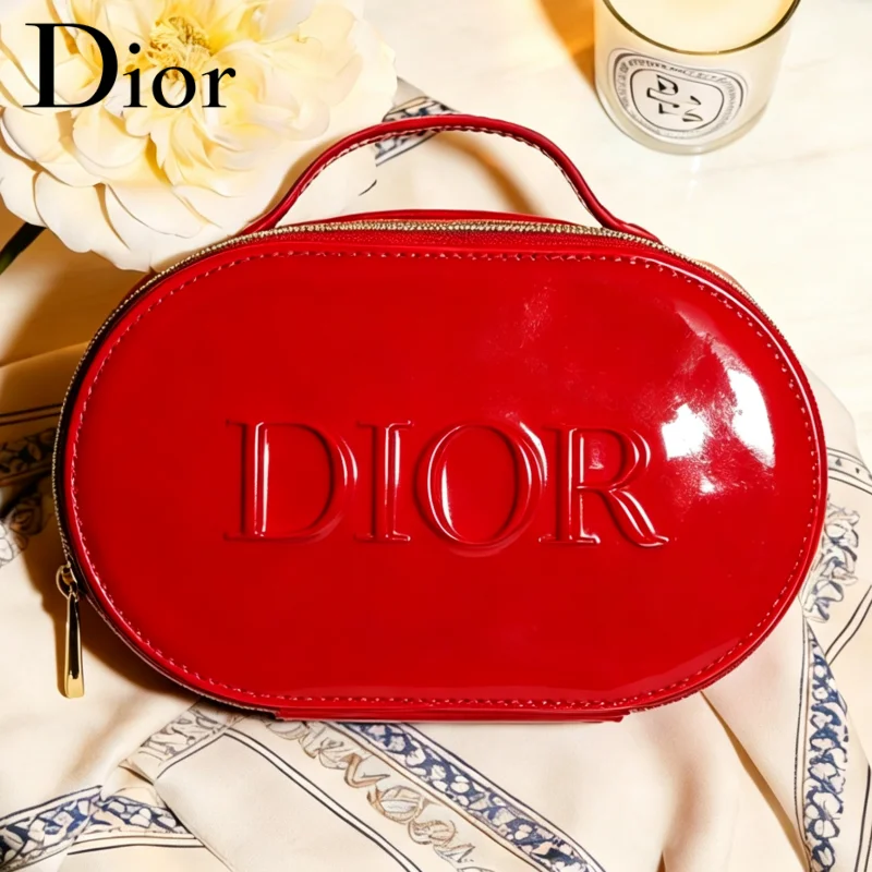 Dior Dior’s Bag Luxury Glossy Bright Red Oval Handheld Makeup Organizer Pouch Patent Leather Embossed Logo Waterproof Travel Cos - view 2