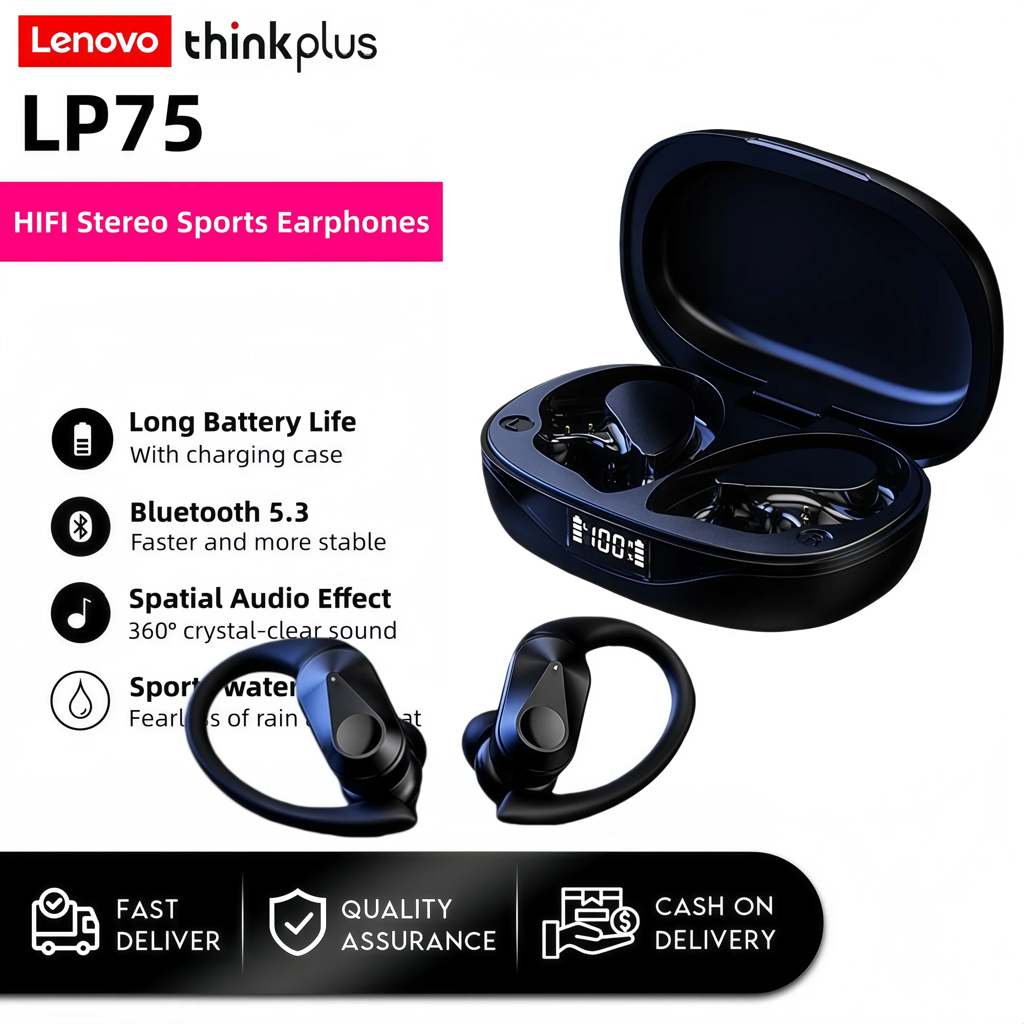 Lenovo LP75 Earhooks Sport-Wireless-Ohrhörer mit Mikrofonen, Tastensteuerung, LED-Leistungsanzeige, HiFi-Stereo-Sound, Bluetooth-TWS-Headset