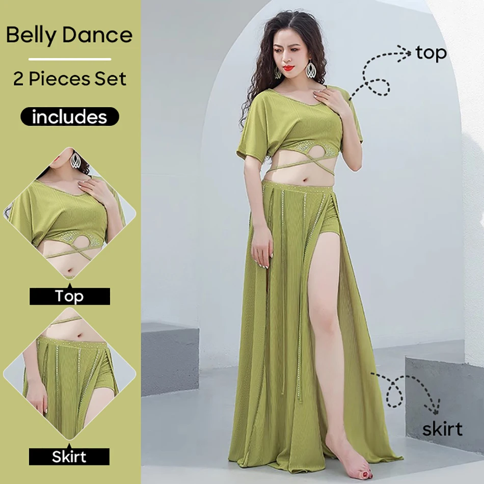 Conjunto de traje de danza del vientre para mujer, Top + falda, conjunto de 2 piezas, ropa para el escenario, traje de práctica, traje de baile