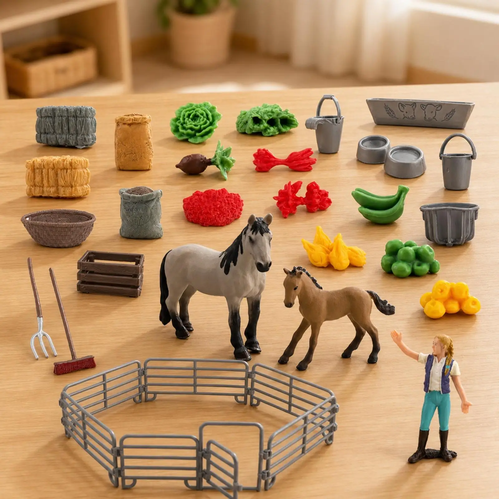 Farm Playset with Horse Figures and Human Character for Kids Imaginative Barnyard Scenes PVC Durable Toy with Fence and Crate