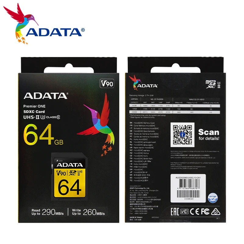 ADATA Premier ONE SDXC UHS-II U3 Class 10 V90 SD Card 64GB 128GB 256GB Up to 290Mb/s SD Memory Card for Camera 8K ULTRA HD Card