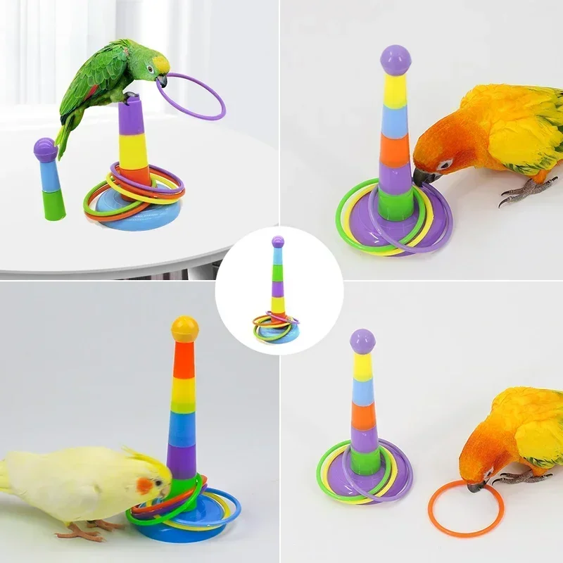 Parrot Bird Toy Parrot Bite Chewing Toy Pet Bird Swing Ball Standing Toy Plastic Rings Training Intelligence Toy Ferrule Decor