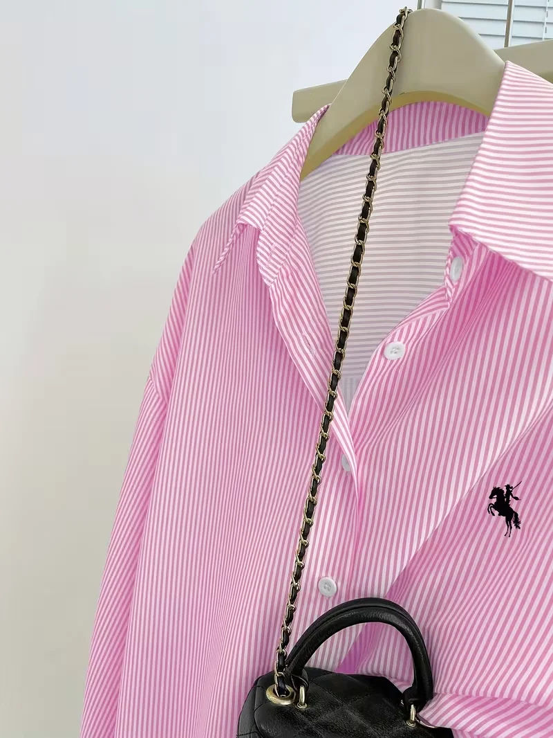 Women's Striped Knight Print Front Button-Up Casual Long Sleeve Shirt