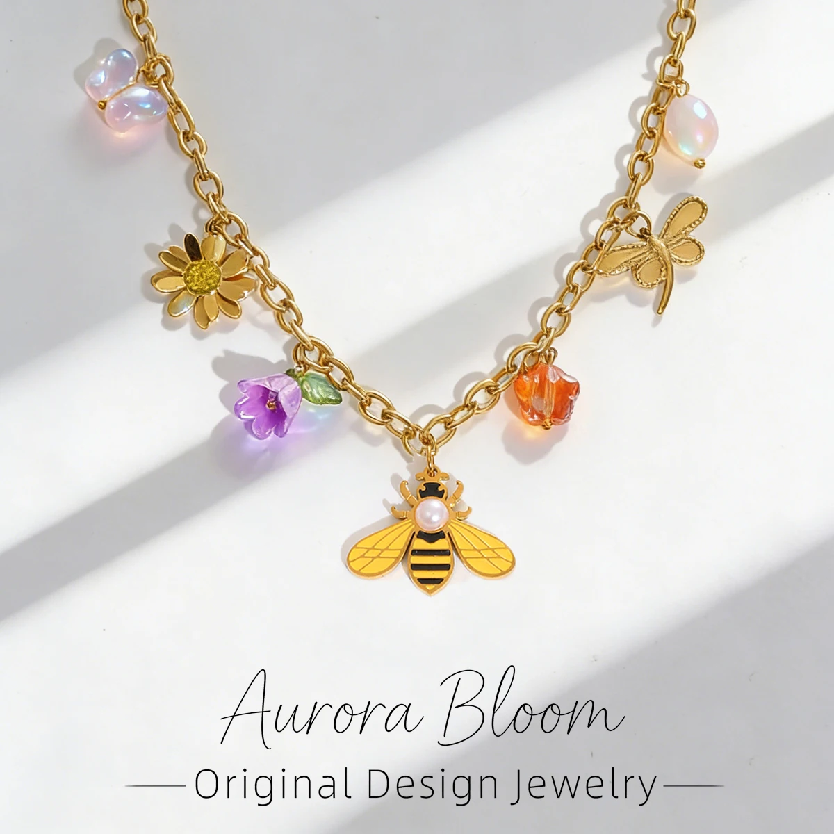 

AURORA Trendy Cute Bee Pendant Necklaces For Women Daily 18K Gold-Plated Choker Necklace Stainless Steel Jewelry Set Decoration