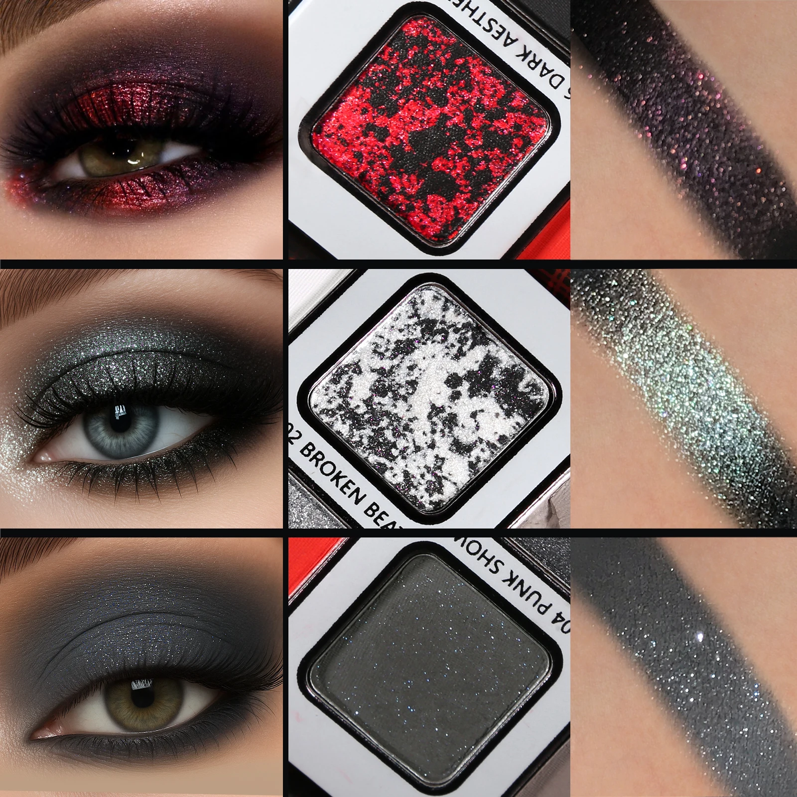 Palette di ombretti neri grigi Goth Makeup, tavolozza di ombretti Grunge Smokey Eye altamente pigmentata, argento glitter cromato sfumabile