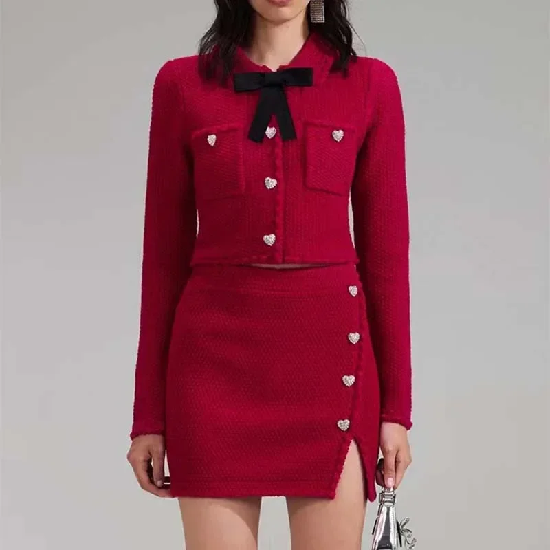 

Women's autumn and winter two-piece suit with bow and pearl buttons fashion top or slim red skirt