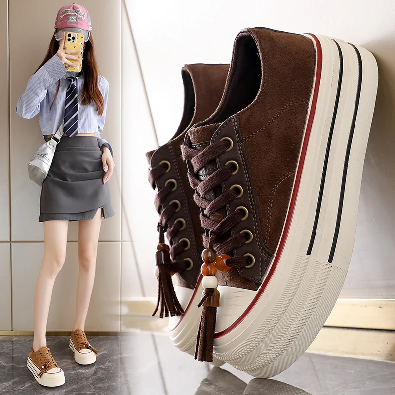 

2025 New Women's Lace Up Chunky Platform Sneakers 6CM Heel with Non Slip Wear Resistant Outsole for Casual Walking Daily Wear