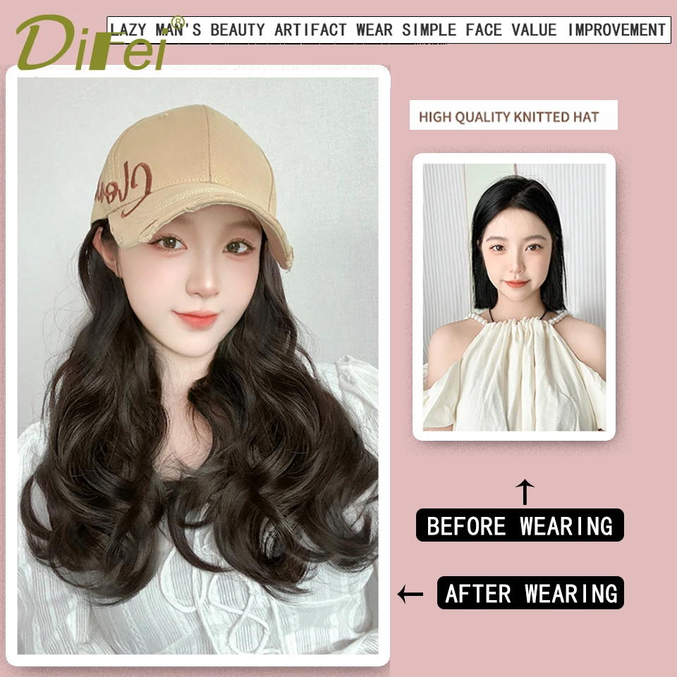 DIFEI Wave Long Curly Hair Synthetic Wig Baseball Cap One Female Summer Fashion Adjustable Baseball Cap With Wig Full Headgear